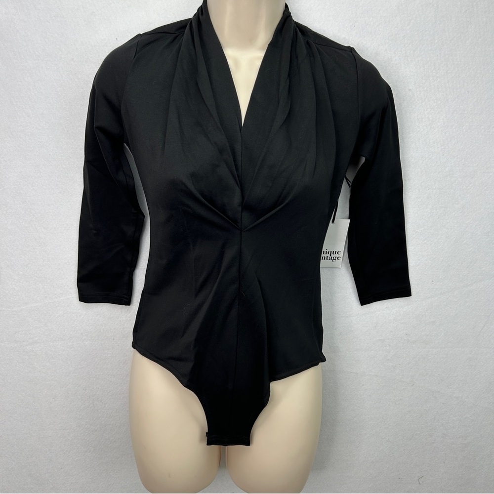 NWT Unique Vintage Black 3/4 Sleeve Bodysuit Gathered Neckline in Small